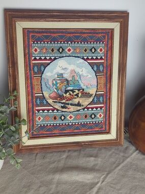 Vintage Southwestern Needlepoint Art Desert Still Life Pottery Scene 11x13